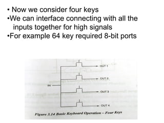 • Now we consider four keys
•We can interface connecting with all the
inputs together for high signals
•For example 64 key required 8-bit ports
 