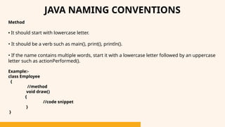 Method
• It should start with lowercase letter.
• It should be a verb such as main(), print(), println().
• If the name contains multiple words, start it with a lowercase letter followed by an uppercase
letter such as actionPerformed().
Example:-
class Employee
{
//method
void draw()
{
//code snippet
}
}
JAVA NAMING CONVENTIONS
 