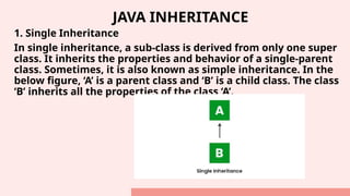 JAVA INHERITANCE
1. Single Inheritance
In single inheritance, a sub-class is derived from only one super
class. It inherits the properties and behavior of a single-parent
class. Sometimes, it is also known as simple inheritance. In the
below figure, ‘A’ is a parent class and ‘B’ is a child class. The class
‘B’ inherits all the properties of the class ‘A’.
 