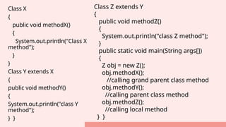 Class X
{
public void methodX()
{
System.out.println("Class X
method");
}
}
Class Y extends X
{
public void methodY()
{
System.out.println("class Y
method");
} }
Class Z extends Y
{
public void methodZ()
{
System.out.println("class Z method");
}
public static void main(String args[])
{
Z obj = new Z();
obj.methodX();
//calling grand parent class method
obj.methodY();
//calling parent class method
obj.methodZ();
//calling local method
} }
 