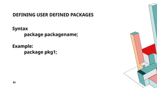 83
DEFINING USER DEFINED PACKAGES
Syntax
package packagename;
Example:
package pkg1;
 