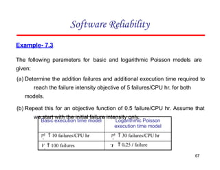 Example- 7.3
The following parameters for basic and logarithmic Poisson models are
given:
(a) Determine the addition failures and additional execution time required to
reach the failure intensity objective of 5 failures/CPU hr. for both
models.
(b) Repeat this for an objective function of 0.5 failure/CPU hr. Assume that
we start with the initial failure intensity only.
Software Reliability
67
Basic execution time model Logarithmic Poisson
execution time model
  10 failures/CPU hr
o
  30 failures/CPU hr
o
V  100 failures
o
  0.25 / failure
 