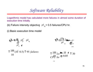 Software Reliability
Logarithmic model has calculated more failures in almost some duration of
execution time initially.
(b) Failure intensity objective F = 0.5 failures/CPU hr.
(i) Basic execution time model
P

    F 
0

100
(10  0.5)  95 failures
10

70
V0 
P 
  Ln

 
0 F

V0


10  0.05


100
Ln 10 
 30
CPU /hr
 