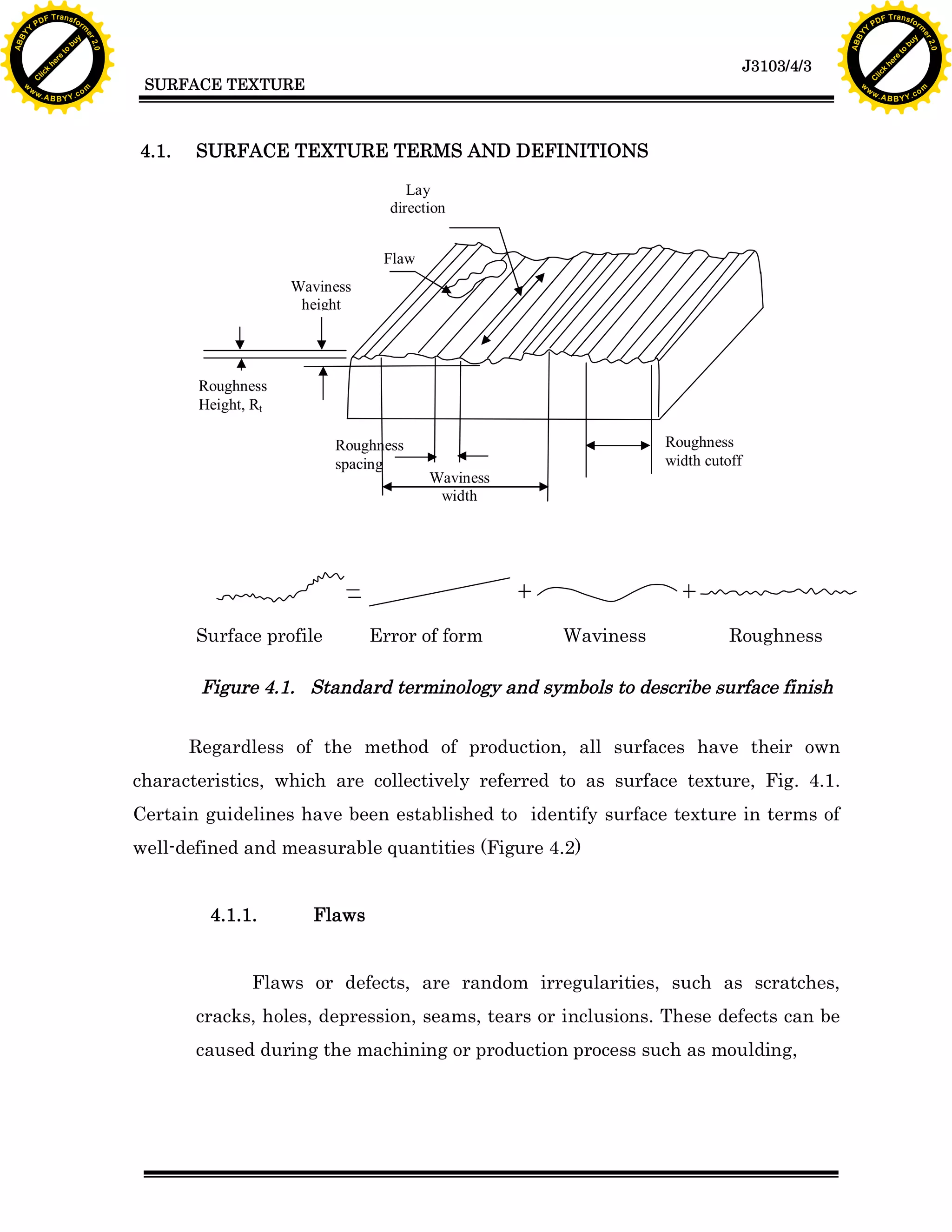 A B B Y Y.c

Y

PD

F T ra n sf o

4.1.

bu
to
re
he
k
w

SURFACE TEXTURE TERMS AND DEFINITIONS
Lay
direction
Flaw
Waviness
height

Roughness
Height, Rt
Roughness
spacing

Surface profile

Roughness
width cutoff

Waviness
width

Error of form

Waviness

Roughness

Figure 4.1. Standard terminology and symbols to describe surface finish
Regardless of the method of production, all surfaces have their own
characteristics, which are collectively referred to as surface texture, Fig. 4.1.
Certain guidelines have been established to identify surface texture in terms of
well-defined and measurable quantities (Figure 4.2)
4.1.1.

lic
C

SURFACE TEXTURE

rm

y

ABB

to
re
he

J3103/4/3

k
lic
C
w.

om

w

w

w

Y

2.0

2.0

bu

y

rm

er

Y

F T ra n sf o

ABB

PD

er

Y

Flaws

Flaws or defects, are random irregularities, such as scratches,
cracks, holes, depression, seams, tears or inclusions. These defects can be
caused during the machining or production process such as moulding,

w.

A B B Y Y.c

om

 