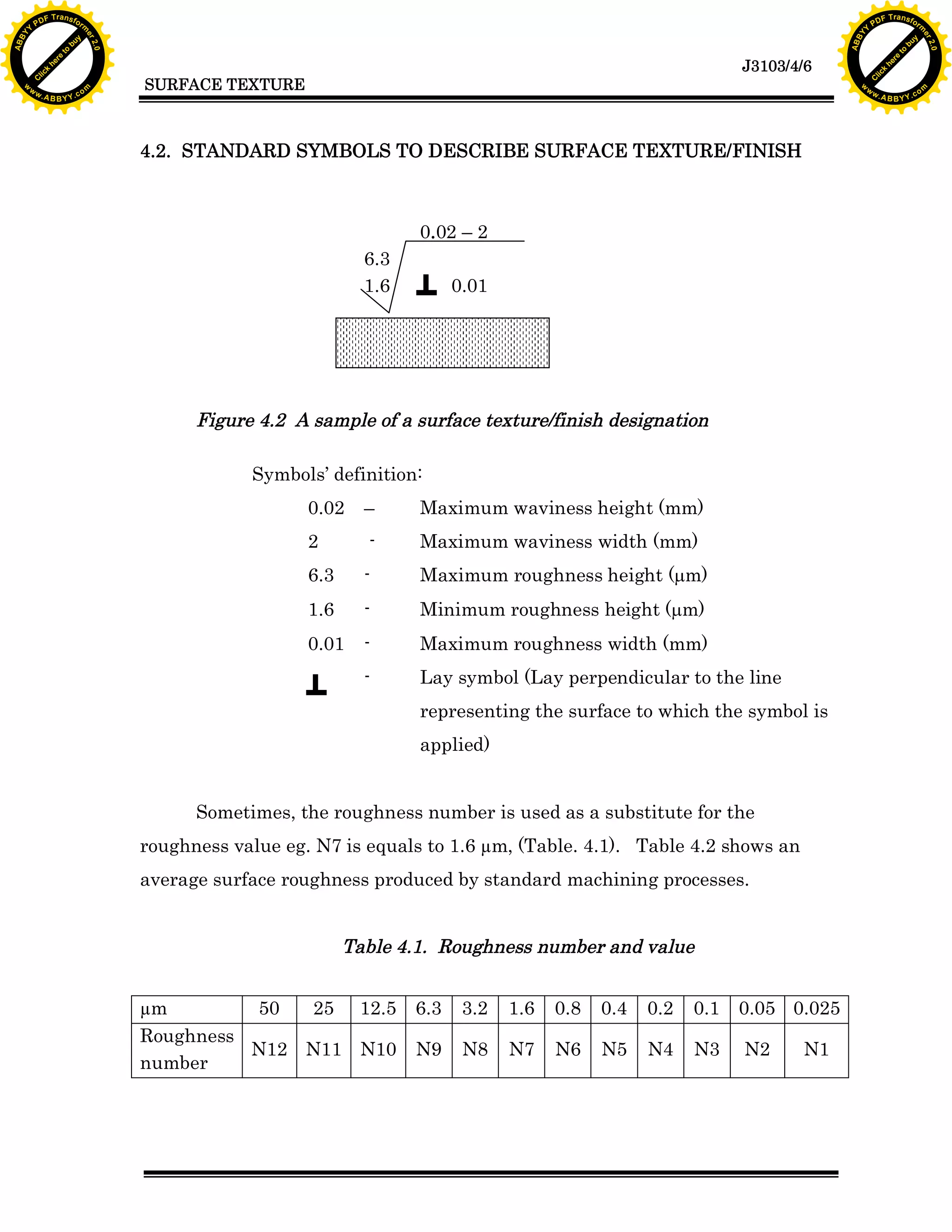 A B B Y Y.c

Y

PD

F T ra n sf o

bu
to
re
he
k
lic
C

SURFACE TEXTURE

rm

y

ABB

to
re
he

J3103/4/6

k
lic
C
w.

om

w

w

w

w

Y

2.0

2.0

bu

y

rm

er

Y

F T ra n sf o

ABB

PD

er

Y

4.2. STANDARD SYMBOLS TO DESCRIBE SURFACE TEXTURE/FINISH

0.02 – 2
6.3
1.6

0.01

Figure 4.2 A sample of a surface texture/finish designation
Symbols’ definition:
0.02

–

Maximum waviness height (mm)

2

-

Maximum waviness width (mm)

6.3

-

Maximum roughness height (mm)

1.6

-

Minimum roughness height (mm)

0.01

-

Maximum roughness width (mm)

-

Lay symbol (Lay perpendicular to the line
representing the surface to which the symbol is
applied)

Sometimes, the roughness number is used as a substitute for the
roughness value eg. N7 is equals to 1.6 µm, (Table. 4.1). Table 4.2 shows an
average surface roughness produced by standard machining processes.

Table 4.1. Roughness number and value
µm
50
25 12.5
Roughness
N12 N11 N10
number

6.3

3.2

1.6

0.8

0.4

0.2

0.1

N9

N8

N7

N6

N5

N4

N3

0.05 0.025
N2

N1

w.

A B B Y Y.c

om

 