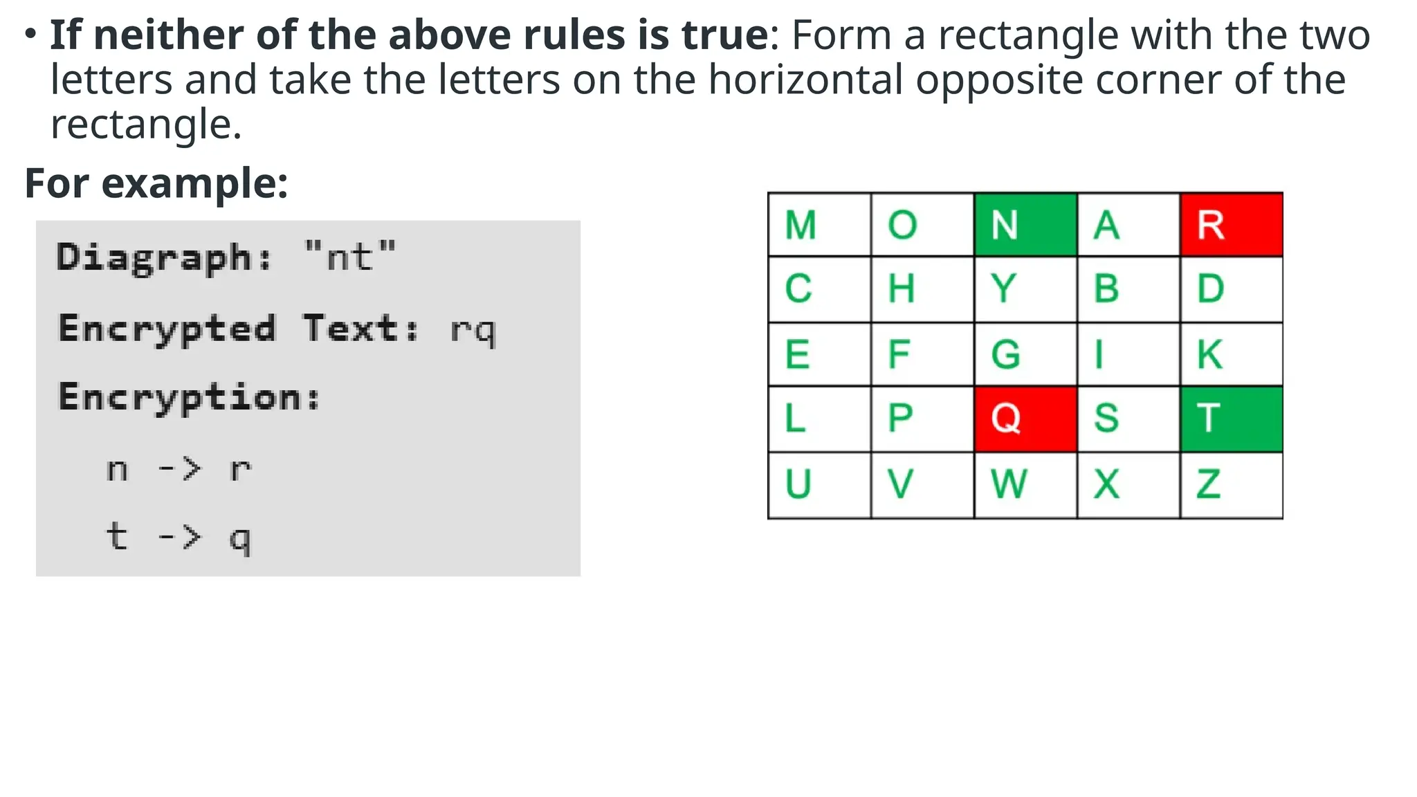 • If neither of the above rules is true: Form a rectangle with the two
letters and take the letters on the horizontal opposite corner of the
rectangle.
For example:
 