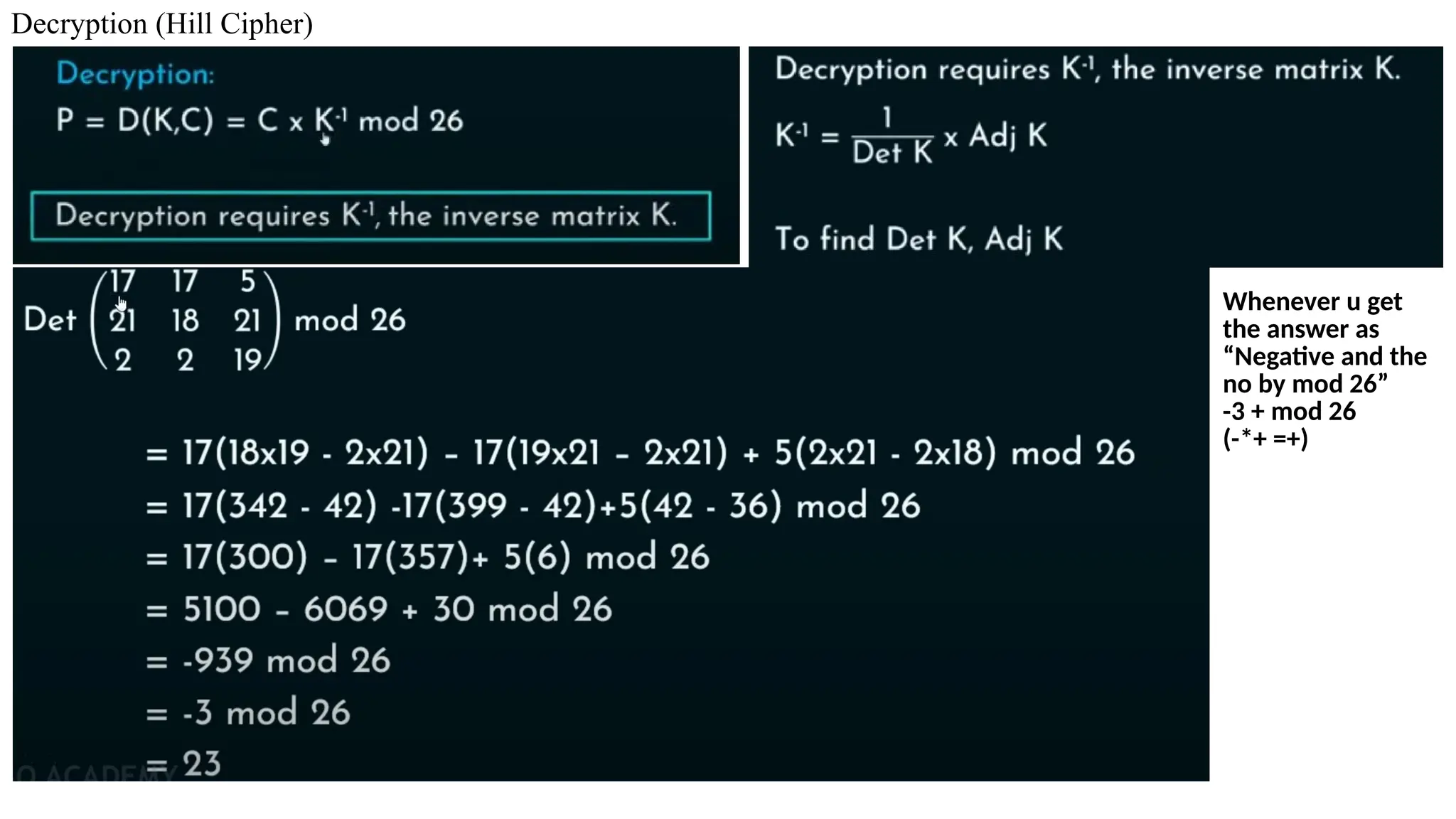 Decryption (Hill Cipher)
Whenever u get
the answer as
“Negative and the
no by mod 26”
-3 + mod 26
(-*+ =+)
 