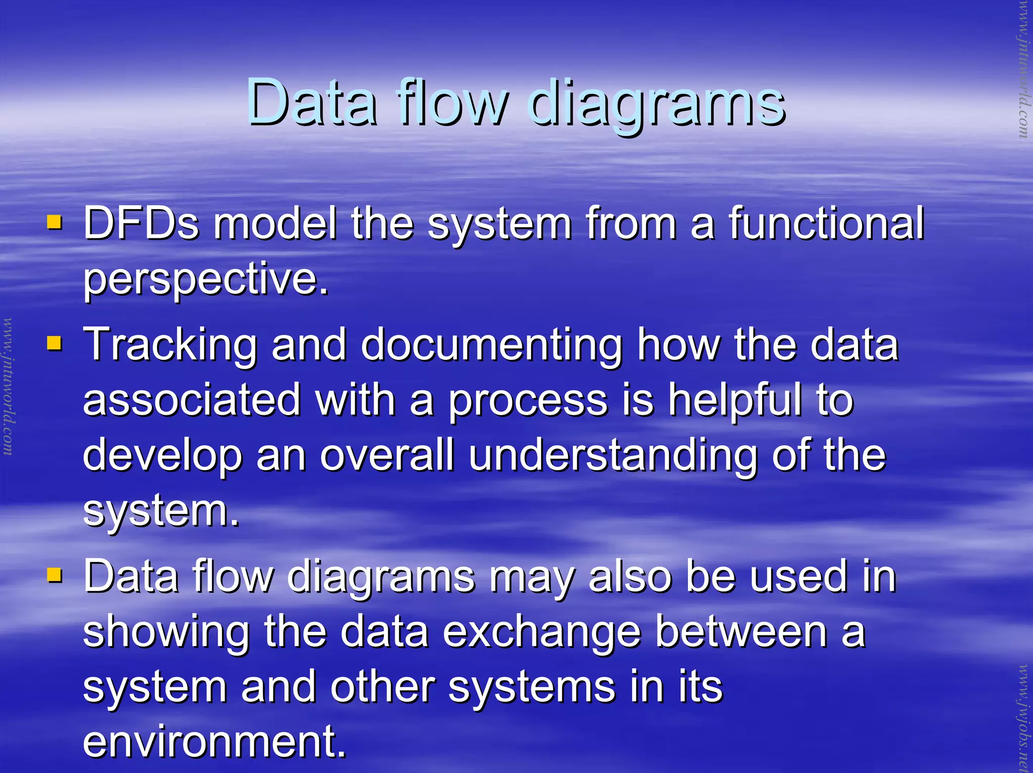 Data flow diagramsData flow diagrams
DFDs model the system from a functionalDFDs model the system from a functional
perspective.perspective.
Tracking and documenting how the dataTracking and documenting how the data
associated with a process is helpful toassociated with a process is helpful to
develop an overall understanding of thedevelop an overall understanding of the
system.system.
Data flow diagrams may also be used inData flow diagrams may also be used in
showing the data exchange between ashowing the data exchange between a
system and other systems in itssystem and other systems in its
environment.environment.
www.jntuworld.com
www.jntuworld.com
www.jwjobs.net
 