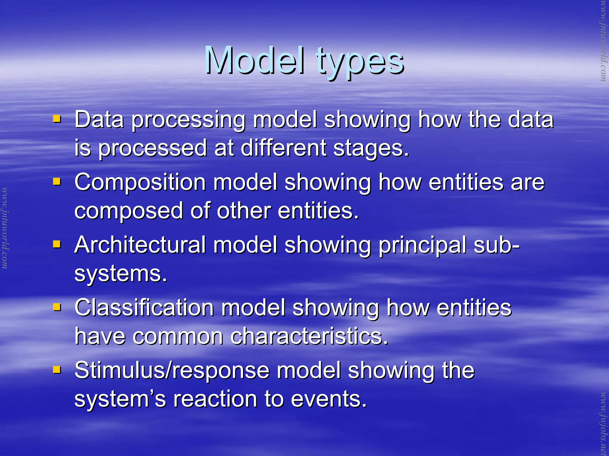 Model typesModel types
Data processing model showing how the dataData processing model showing how the data
is processed at different stages.is processed at different stages.
Composition model showing how entities areComposition model showing how entities are
composed of other entities.composed of other entities.
Architectural model showing principal subArchitectural model showing principal sub--
systems.systems.
Classification model showing how entitiesClassification model showing how entities
have common characteristics.have common characteristics.
Stimulus/response model showing theStimulus/response model showing the
systemsystem’’s reaction to events.s reaction to events.
www.jntuworld.com
www.jntuworld.com
www.jwjobs.net
 