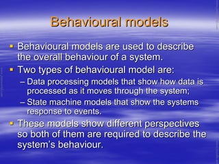 Behavioural modelsBehavioural models
Behavioural models are used to describeBehavioural models are used to describe
the overall behaviour of a system.the overall behaviour of a system.
Two types of behavioural model are:Two types of behavioural model are:
–– Data processing models that show how data isData processing models that show how data is
processed as it moves through the system;processed as it moves through the system;
–– State machine models that show the systemsState machine models that show the systems
response to events.response to events.
These models show different perspectivesThese models show different perspectives
so both of them are required to describe theso both of them are required to describe the
systemsystem’’s behaviour.s behaviour.
www.jntuworld.com
www.jntuworld.com
www.jwjobs.net
 
