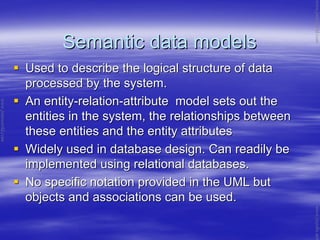 Semantic data modelsSemantic data models
Used to describe the logical structure of dataUsed to describe the logical structure of data
processed by the system.processed by the system.
An entityAn entity--relationrelation--attribute model sets out theattribute model sets out the
entities in the system, the relationships betweenentities in the system, the relationships between
these entities and the entity attributesthese entities and the entity attributes
Widely used in database design. Can readily beWidely used in database design. Can readily be
implemented using relational databases.implemented using relational databases.
No specific notation provided in the UML butNo specific notation provided in the UML but
objects and associations can be used.objects and associations can be used.
www.jntuworld.com
www.jntuworld.com
www.jwjobs.net
 