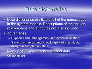 Data dictionariesData dictionaries
Data dictionaries are lists of all of the names usedData dictionaries are lists of all of the names used
in the system models. Descriptions of the entities,in the system models. Descriptions of the entities,
relationships and attributes are also included.relationships and attributes are also included.
AdvantagesAdvantages
–– Support name management and avoid duplication;Support name management and avoid duplication;
–– Store of organisational knowledge linking analysis,Store of organisational knowledge linking analysis,
design and implementation;design and implementation;
Many CASE workbenches support dataMany CASE workbenches support data
dictionaries.dictionaries.
www.jntuworld.com
www.jntuworld.com
www.jwjobs.net
 
