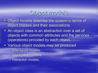 Object modelsObject models
Object models describe the system in terms ofObject models describe the system in terms of
object classes and their associations.object classes and their associations.
An object class is an abstraction over a set ofAn object class is an abstraction over a set of
objects with common attributes and the servicesobjects with common attributes and the services
(operations) provided by each object.(operations) provided by each object.
Various object models may be producedVarious object models may be produced
–– Inheritance models;Inheritance models;
–– Aggregation models;Aggregation models;
–– Interaction models.Interaction models.
www.jntuworld.com
www.jntuworld.com
www.jwjobs.net
 