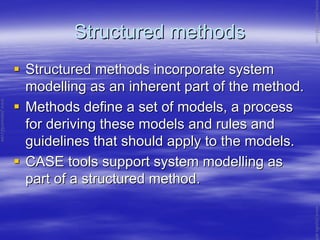 Structured methodsStructured methods
Structured methods incorporate systemStructured methods incorporate system
modelling as an inherent part of the method.modelling as an inherent part of the method.
Methods define a set of models, a processMethods define a set of models, a process
for deriving these models and rules andfor deriving these models and rules and
guidelines that should apply to the models.guidelines that should apply to the models.
CASE tools support system modelling asCASE tools support system modelling as
part of a structured method.part of a structured method.
www.jntuworld.com
www.jntuworld.com
www.jwjobs.net
 