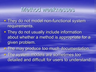 Method weaknessesMethod weaknesses
They do not model nonThey do not model non--functional systemfunctional system
requirements.requirements.
They do not usually include informationThey do not usually include information
about whether a method is appropriate for aabout whether a method is appropriate for a
given problem.given problem.
The may produce too much documentation.The may produce too much documentation.
The system models are sometimes tooThe system models are sometimes too
detailed and difficult for users to understand.detailed and difficult for users to understand.
www.jntuworld.com
www.jntuworld.com
www.jwjobs.net
 