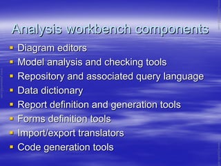 Analysis workbench componentsAnalysis workbench components
Diagram editorsDiagram editors
Model analysis and checking toolsModel analysis and checking tools
Repository and associated query languageRepository and associated query language
Data dictionaryData dictionary
Report definition and generation toolsReport definition and generation tools
Forms definition toolsForms definition tools
Import/export translatorsImport/export translators
Code generation toolsCode generation tools
www.jntuworld.com
www.jntuworld.com
www.jwjobs.net
 