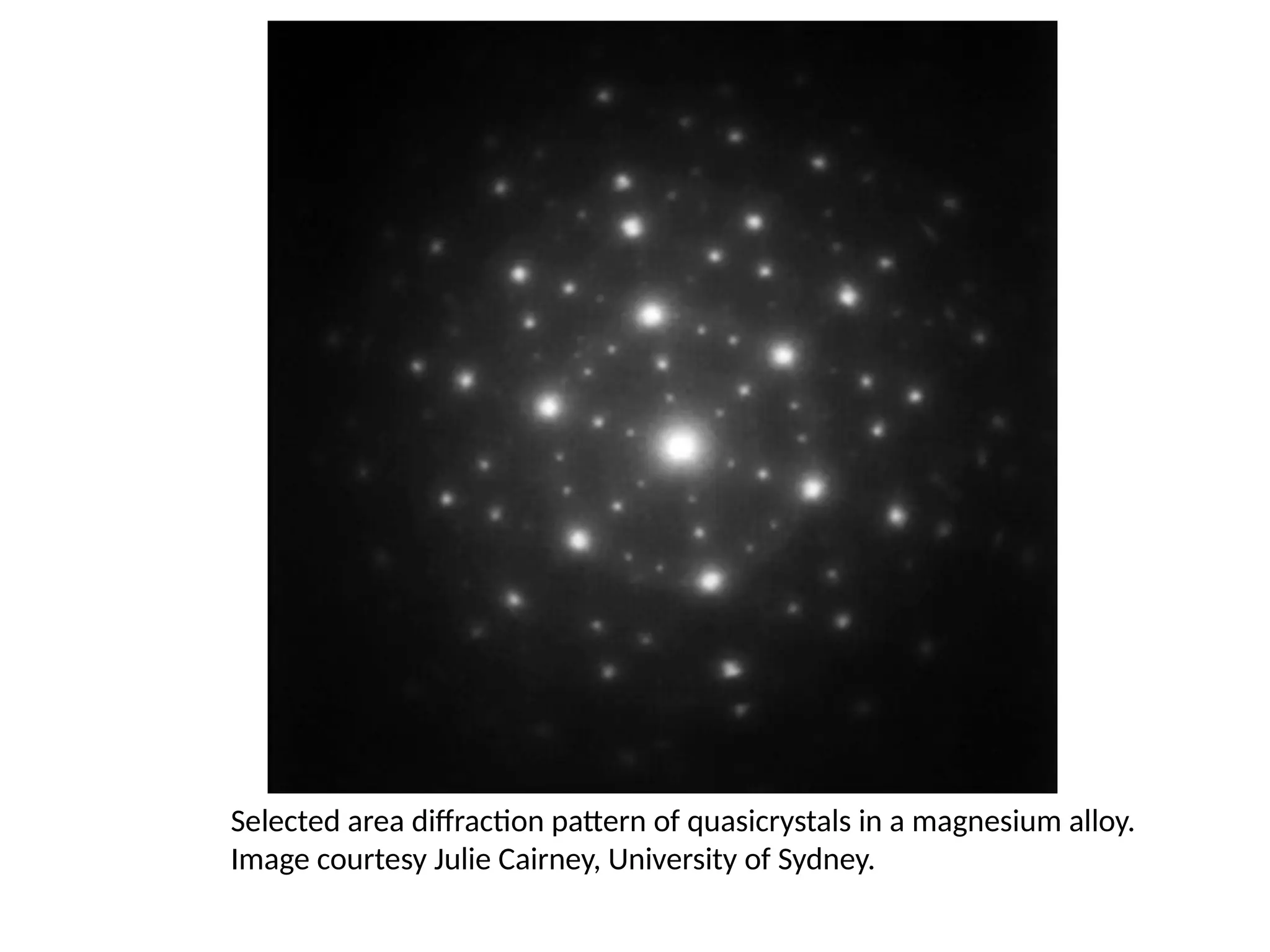 Selected area diffraction pattern of quasicrystals in a magnesium alloy.
Image courtesy Julie Cairney, University of Sydney.
 