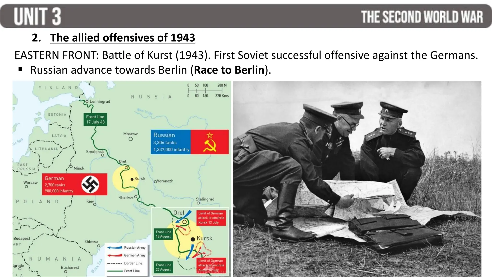 2. The allied offensives of 1943
EASTERN FRONT: Battle of Kurst (1943). First Soviet successful offensive against the Germans.
▪ Russian advance towards Berlin (Race to Berlin).
 