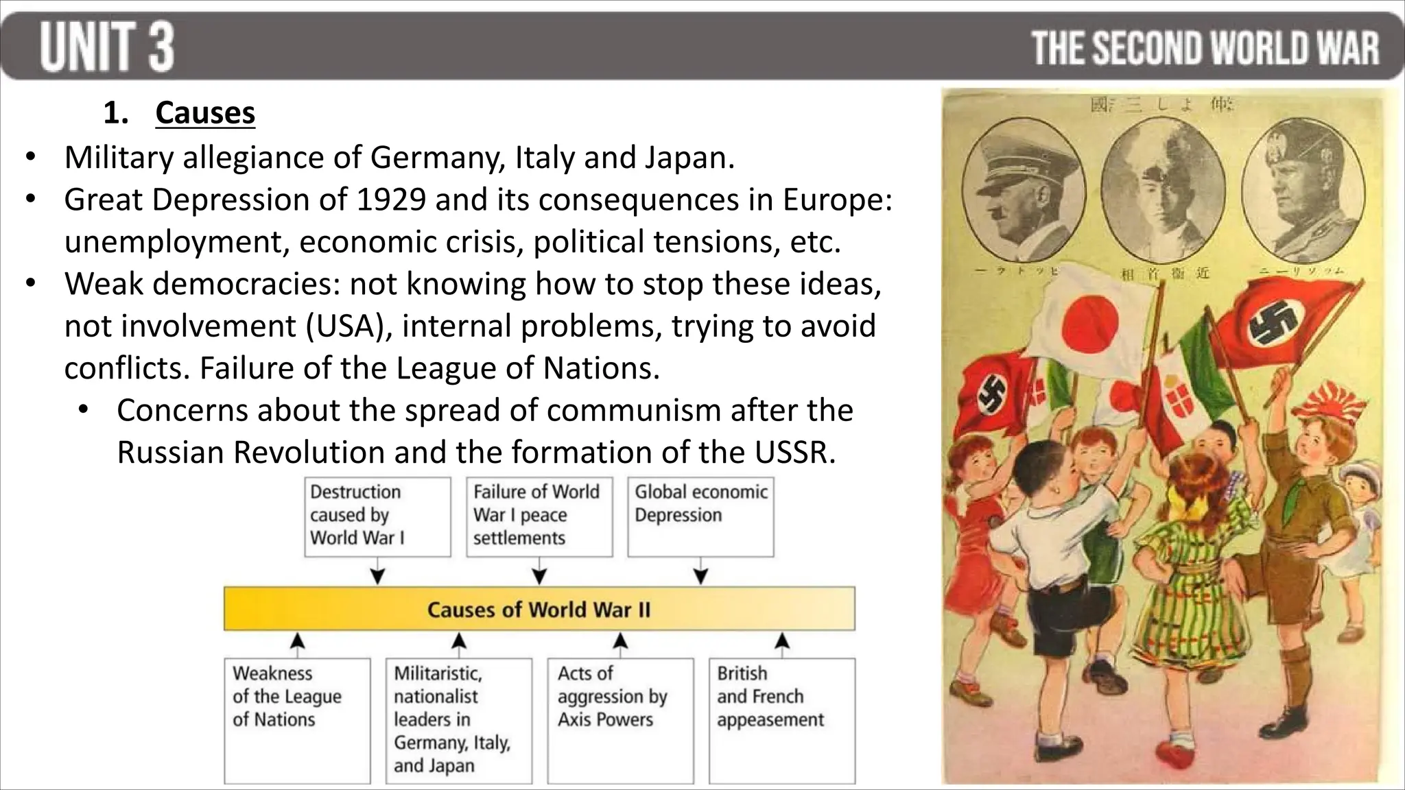 1. Causes
• Military allegiance of Germany, Italy and Japan.
• Great Depression of 1929 and its consequences in Europe:
unemployment, economic crisis, political tensions, etc.
• Weak democracies: not knowing how to stop these ideas,
not involvement (USA), internal problems, trying to avoid
conflicts. Failure of the League of Nations.
• Concerns about the spread of communism after the
Russian Revolution and the formation of the USSR.
 