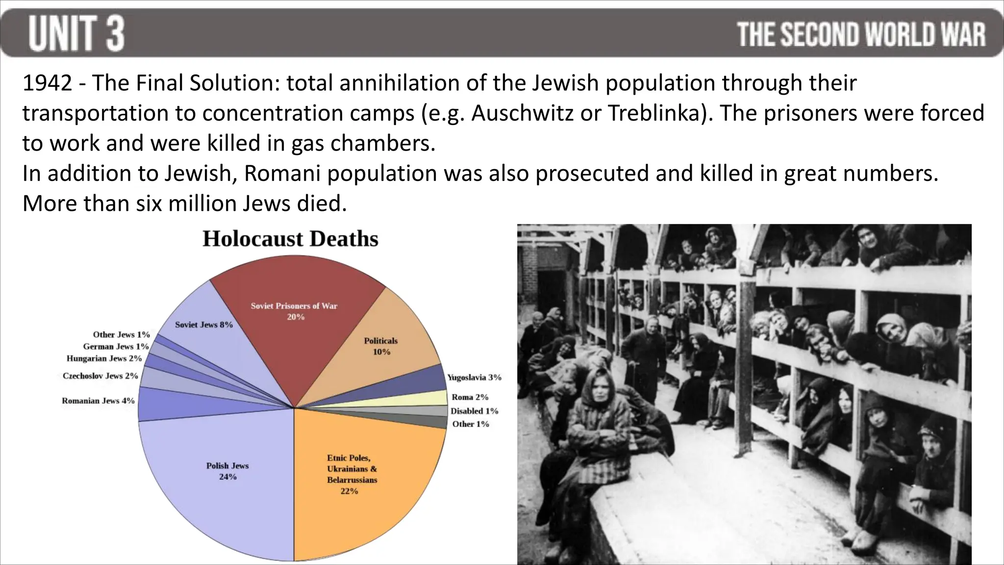 1942 - The Final Solution: total annihilation of the Jewish population through their
transportation to concentration camps (e.g. Auschwitz or Treblinka). The prisoners were forced
to work and were killed in gas chambers.
In addition to Jewish, Romani population was also prosecuted and killed in great numbers.
More than six million Jews died.
 