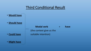 Third Conditional Result
• Would have
• Should have
Modal verb + have
(the context give us the
• Could have suitable intention)
• Might have
 