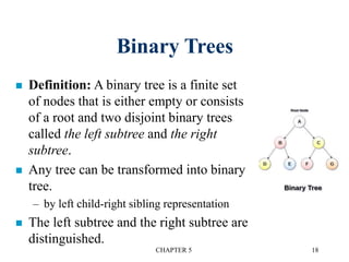 CHAPTER 5 18
Binary Trees
 Definition: A binary tree is a finite set
of nodes that is either empty or consists
of a root and two disjoint binary trees
called the left subtree and the right
subtree.
 Any tree can be transformed into binary
tree.
– by left child-right sibling representation
 The left subtree and the right subtree are
distinguished.
 