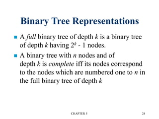  A full binary tree of depth k is a binary tree
of depth k having 2k - 1 nodes.
 A binary tree with n nodes and of
depth k is complete iff its nodes correspond
to the nodes which are numbered one to n in
the full binary tree of depth k
CHAPTER 5 28
Binary Tree Representations
 