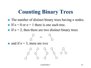 Counting Binary Trees
 The number of distinct binary trees having n nodes.
 If n = 0 or n = 1 there is one such tree.
 If n = 2, then there are two distinct binary trees
 and if n = 3, there are five
CHAPTER 5 67
 