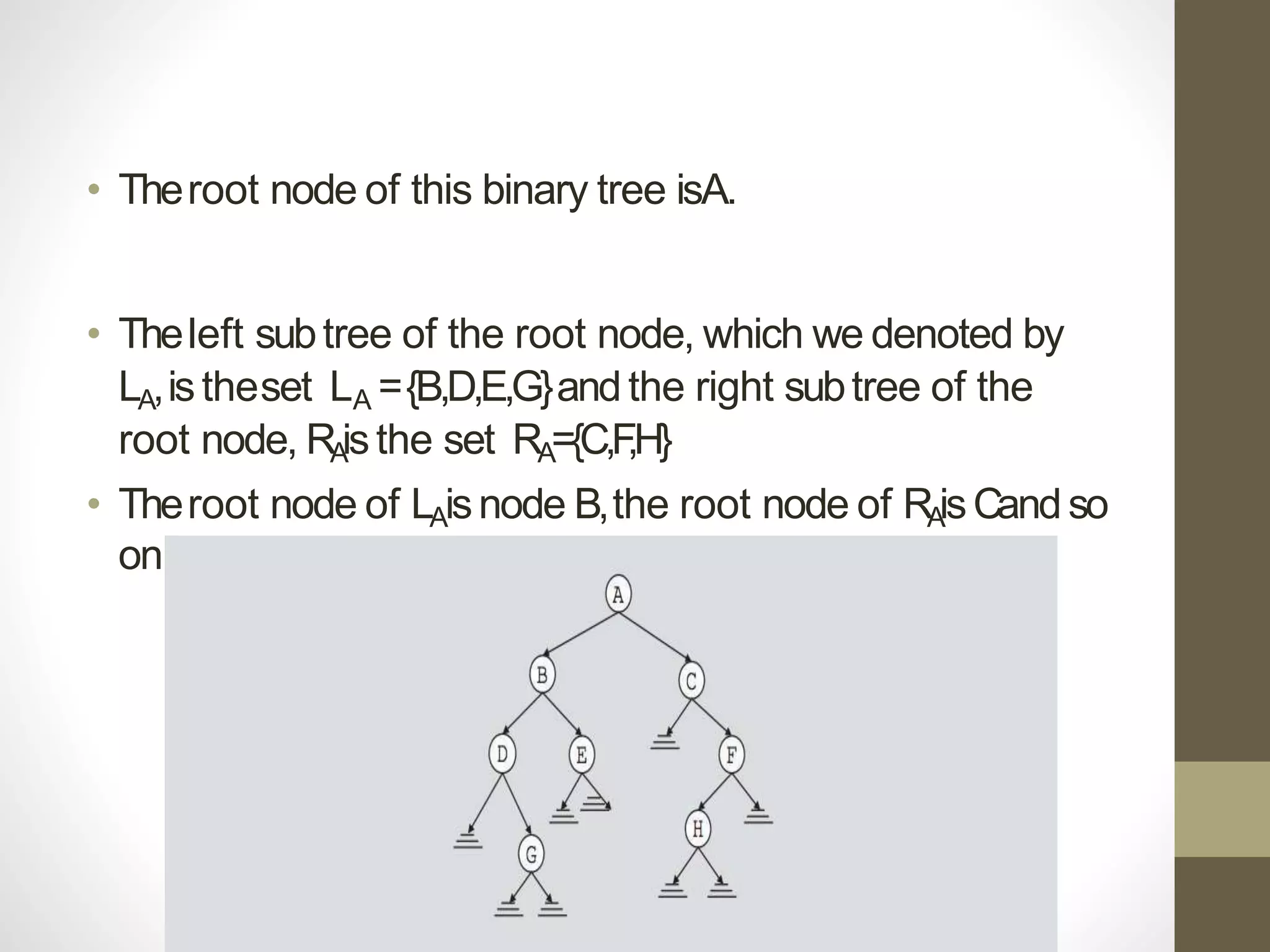 • Theroot node of this binary tree isA.
• Theleft subtree of the root node, which we denoted by
LA,istheset LA ={B,D,E,G}andthe right subtree of the
root node, RA
isthe set RA={C,F
,H}
• Theroot node of LAisnode B,the root node of RA
isCandso
on
 