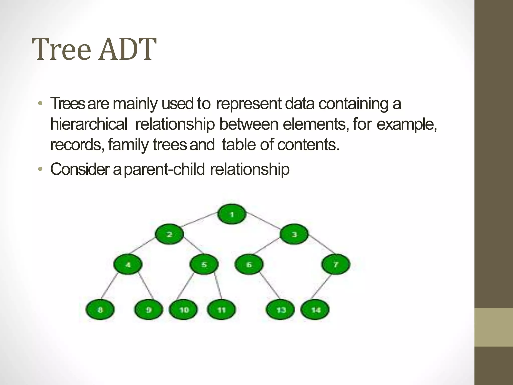Tree ADT
• Treesare mainly usedto represent data containing a
hierarchical relationship between elements, for example,
records, family treesand table of contents.
• Consider aparent-child relationship
 