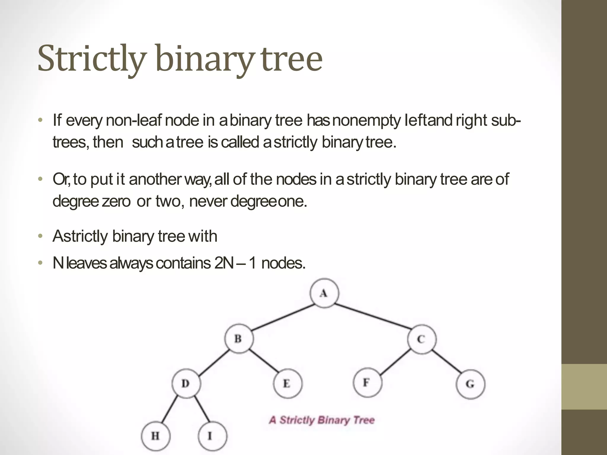 Strictly binarytree
• If every non-leaf node in abinary tree hasnonempty leftandright sub-
trees,then suchatree iscalled astrictly binarytree.
• Or,to put it anotherway,all of the nodesin astrictly binary tree areof
degreezero or two, never degreeone.
• Astrictly binary tree with
• Nleavesalwayscontains 2N–1 nodes.
 