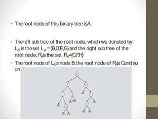 • Theroot node of this binary tree isA.
• Theleft subtree of the root node, which we denoted by
LA,istheset LA ={B,D,E,G}andthe right subtree of the
root node, RA
isthe set RA={C,F
,H}
• Theroot node of LAisnode B,the root node of RA
isCandso
on
 