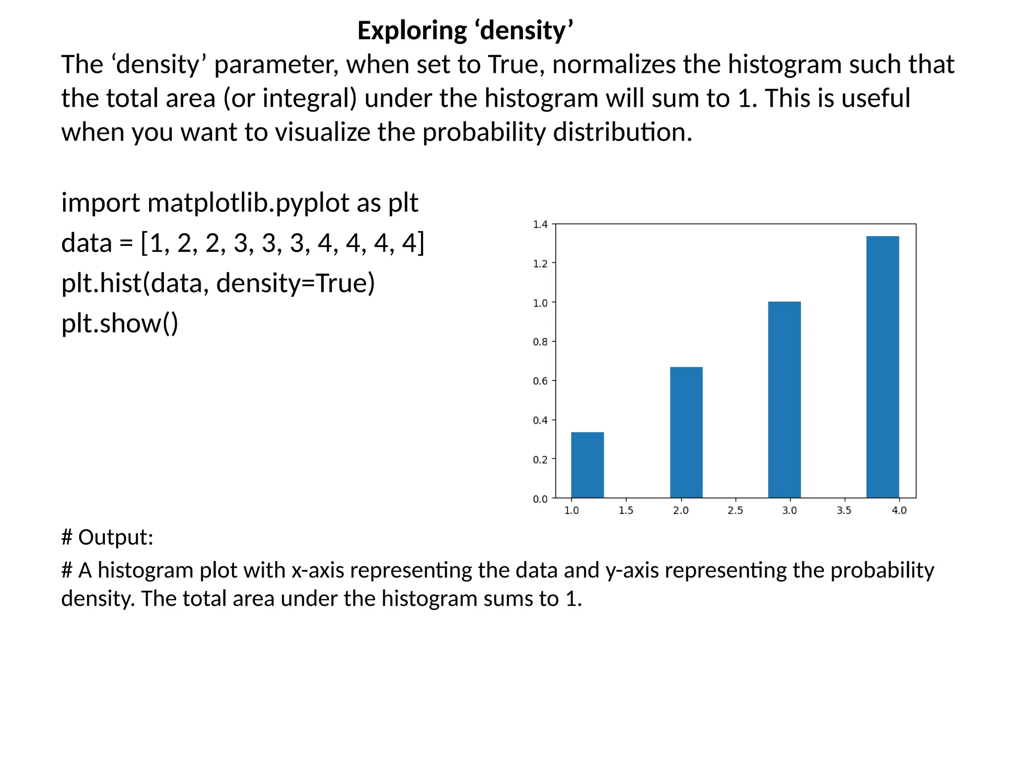 Exploring ‘density’
The ‘density’ parameter, when set to True, normalizes the histogram such that
the total area (or integral) under the histogram will sum to 1. This is useful
when you want to visualize the probability distribution.
import matplotlib.pyplot as plt
data = [1, 2, 2, 3, 3, 3, 4, 4, 4, 4]
plt.hist(data, density=True)
plt.show()
# Output:
# A histogram plot with x-axis representing the data and y-axis representing the probability
density. The total area under the histogram sums to 1.
 
