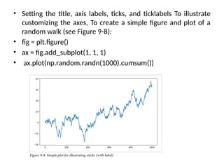 • Setting the title, axis labels, ticks, and ticklabels To illustrate
customizing the axes, To create a simple figure and plot of a
random walk (see Figure 9-8):
• fig = plt.figure()
• ax = fig.add_subplot(1, 1, 1)
• ax.plot(np.random.randn(1000).cumsum())
 