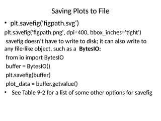 Saving Plots to File
• plt.savefig('figpath.svg‘)
plt.savefig('figpath.png', dpi=400, bbox_inches='tight')
savefig doesn’t have to write to disk; it can also write to
any file-like object, such as a BytesIO:
from io import BytesIO
buffer = BytesIO()
plt.savefig(buffer)
plot_data = buffer.getvalue()
• See Table 9-2 for a list of some other options for savefig
 