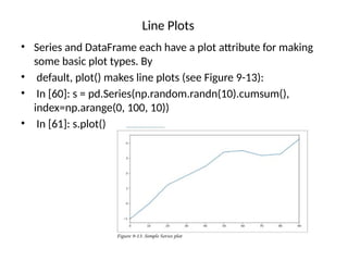 Line Plots
• Series and DataFrame each have a plot attribute for making
some basic plot types. By
• default, plot() makes line plots (see Figure 9-13):
• In [60]: s = pd.Series(np.random.randn(10).cumsum(),
index=np.arange(0, 100, 10))
• In [61]: s.plot()
 