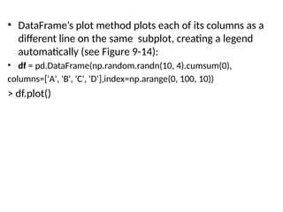 • DataFrame’s plot method plots each of its columns as a
different line on the same subplot, creating a legend
automatically (see Figure 9-14):
• df = pd.DataFrame(np.random.randn(10, 4).cumsum(0),
columns=['A', 'B', 'C', 'D'],index=np.arange(0, 100, 10))
> df.plot()
 