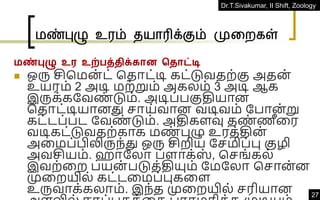 Dr.T.Sivakumar, II Shift, Zoology
27
மண்புழு உைம் தயாரிக்கும் முரகள்
மண்புழு உர உற்பத்திக்கான ததாட்டி
◼ ஒரு சிகமன் ட் கதாட்டி கட்டுவதற்கு அதன்
உயரம் 2 அடி மற்றும் அகலம் 3 அடி ஆக
இருக்கதவண
் டும். அடிப்பகுதியான
கதாட்டியானது ொய்வான வடிவம் தபான்று
கட்டப்பட தவண
் டும். அதிகளவு தண
் ணீவர
வடிகட்டுவதற்காக மண
் புழு உரத்தின்
அவமப்பிலிருந்து ஒரு சிறிய தெமிப்பு குழி
அவசியம். ஹாதலா ப்ளாக்ஸ
் , கெங்கல்
இவற்வற பயன் படுத்தியும் தமதலா கொன்ன
முவறயில் கட்டவமப்புகவள
உருவாக்கலாம். இந்த முவறயில் ெரியான
 