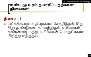 Dr.T.Sivakumar, II Shift, Zoology
32
மண
் புழு உரம் தயாரிப்பதற்கான
ிதலகள்
நிகை - 1
◼ மட்கக்கூடிய கழிவுகவள தெகரித்தல், சிறு
சிறு துண
் டுகளாக மாற்றுதல், உதலாகம்,
கண
் ணாடி மற்றும் பீங்கான் கபாருட்கவள
பிரித்து எடுத்தல்.
 