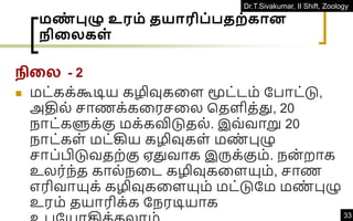 Dr.T.Sivakumar, II Shift, Zoology
33
மண
் புழு உரம் தயாரிப்பதற்கான
ிதலகள்
நிகை - 2
◼ மட்கக்கூடிய கழிவுகவள மூட்டம் தபாட்டு,
அதில் ொணக்கவரெவல கதளித்து, 20
நாட்களுக்கு மக்கவிடுதல். இவ்வாறு 20
நாட்கள் மட்கிய கழிவுகள் மண
் புழு
ொப்பிடுவதற்கு ஏதுவாக இருக்கும். நன
் றாக
உலர்ந்த கால்நவட கழிவுகவளயும், ொண
எரிவாயுக் கழிவுகவளயும் மட்டுதம மண
் புழு
உரம் தயாரிக்க தநரடியாக
 