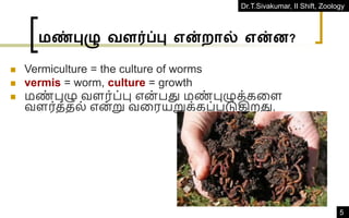 Dr.T.Sivakumar, II Shift, Zoology
5
மண்புழு வளர்ப்பு என்றால் என்ன?
◼ Vermiculture = the culture of worms
◼ vermis = worm, culture = growth
◼ மண
் புழு வளர்ப்பு என் பது மண
் புழுக்கவள
வளர்த்தல் என்று வவரயறுக்கப்படுகிறது.
 