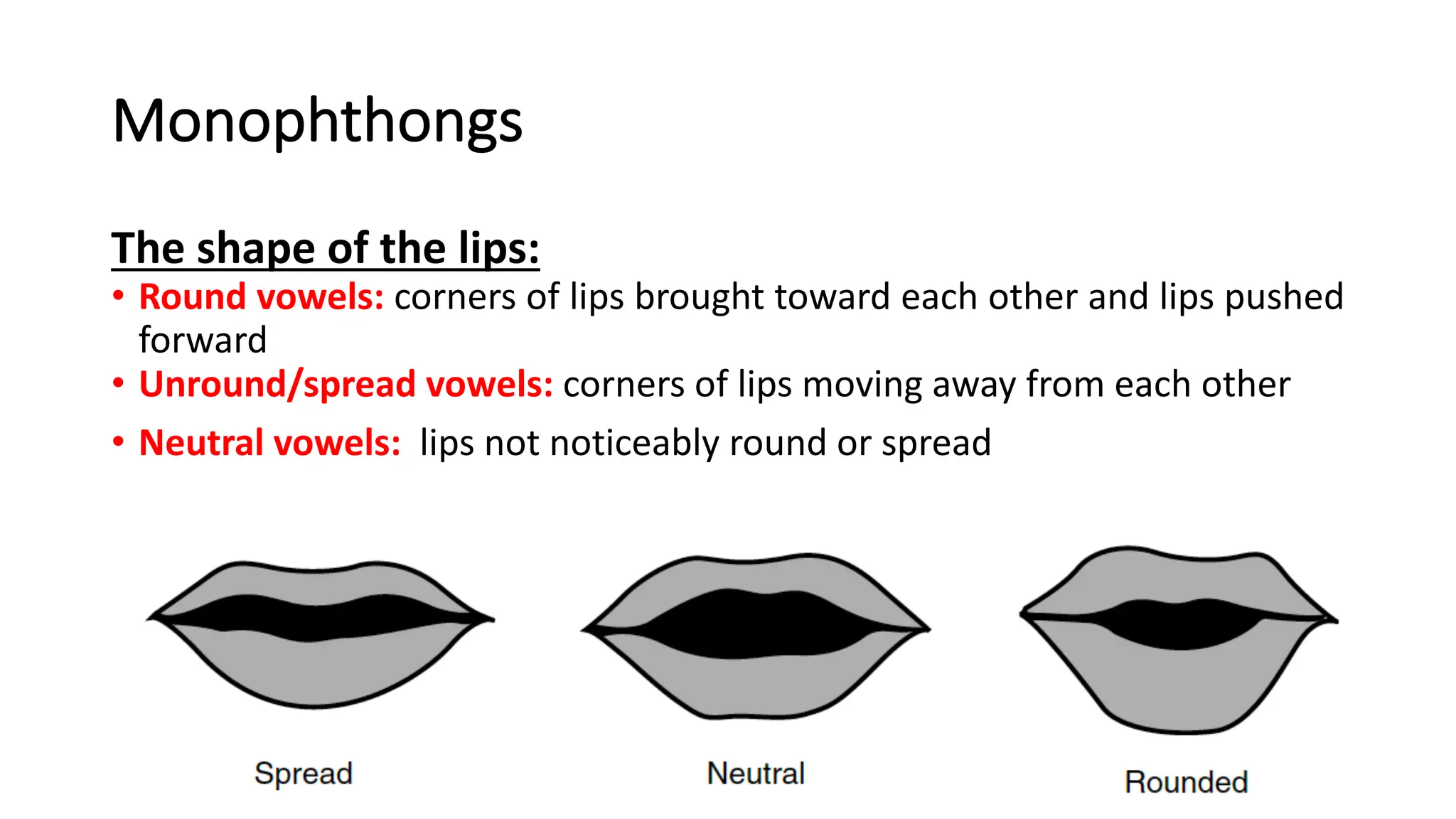 Monophthongs
The shape of the lips:
• Round vowels: corners of lips brought toward each other and lips pushed
forward
• Unround/spread vowels: corners of lips moving away from each other
• Neutral vowels: lips not noticeably round or spread
 