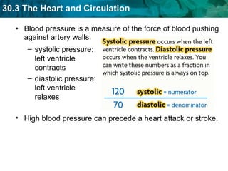 Blood pressure is a measure of the force of blood pushing against artery walls.  systolic pressure: left ventricle contracts  diastolic pressure: left ventricle relaxes  High blood pressure can precede a heart attack or stroke. 