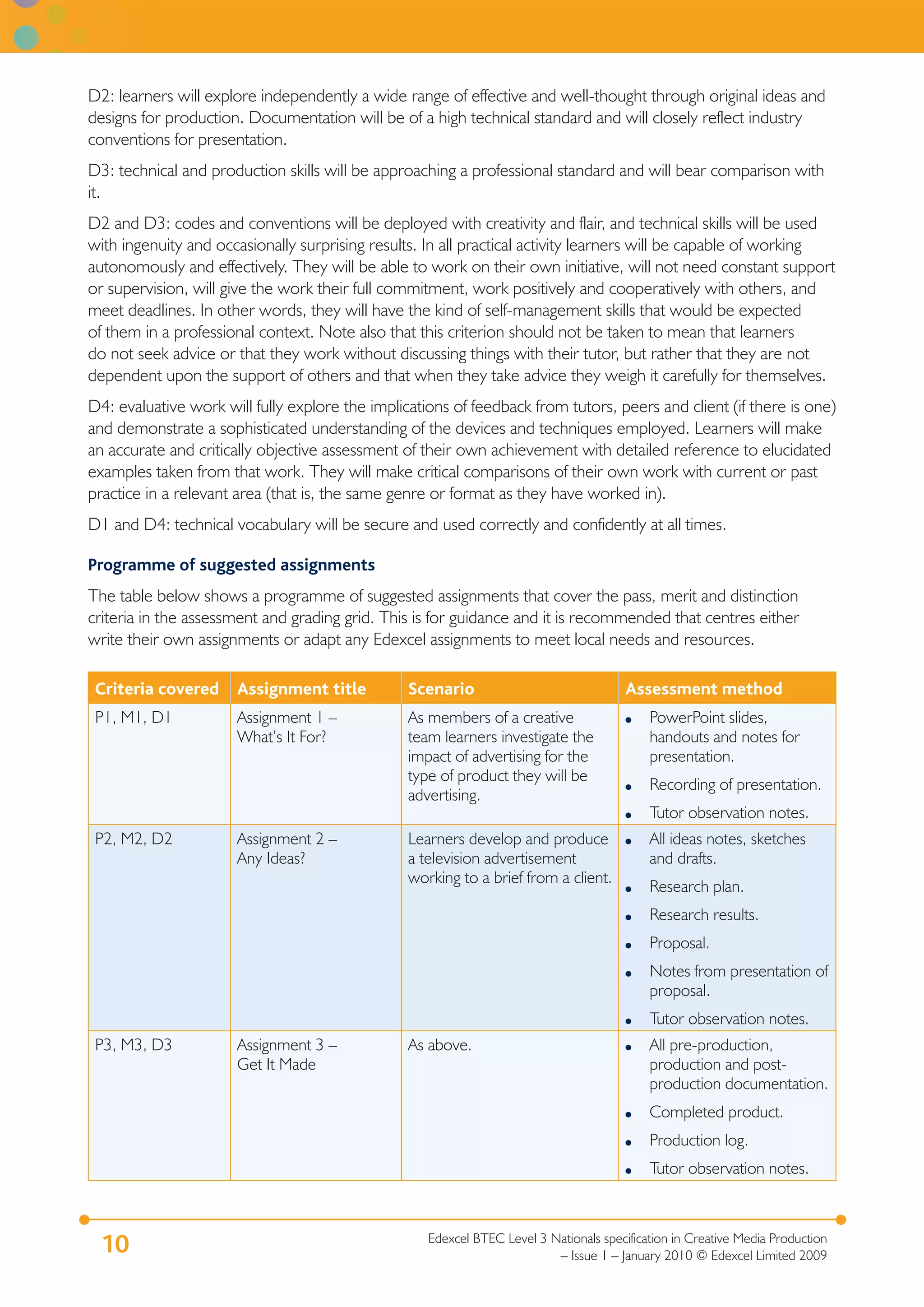 D2: learners will explore independently a wide range of effective and well-thought through original ideas and
designs for production. Documentation will be of a high technical standard and will closely reflect industry
conventions for presentation.
D3: technical and production skills will be approaching a professional standard and will bear comparison with
it.
D2 and D3: codes and conventions will be deployed with creativity and flair, and technical skills will be used
with ingenuity and occasionally surprising results. In all practical activity learners will be capable of working
autonomously and effectively. They will be able to work on their own initiative, will not need constant support
or supervision, will give the work their full commitment, work positively and cooperatively with others, and
meet deadlines. In other words, they will have the kind of self-management skills that would be expected
of them in a professional context. Note also that this criterion should not be taken to mean that learners
do not seek advice or that they work without discussing things with their tutor, but rather that they are not
dependent upon the support of others and that when they take advice they weigh it carefully for themselves.
D4: evaluative work will fully explore the implications of feedback from tutors, peers and client (if there is one)
and demonstrate a sophisticated understanding of the devices and techniques employed. Learners will make
an accurate and critically objective assessment of their own achievement with detailed reference to elucidated
examples taken from that work. They will make critical comparisons of their own work with current or past
practice in a relevant area (that is, the same genre or format as they have worked in).
D1 and D4: technical vocabulary will be secure and used correctly and confidently at all times.

Programme of suggested assignments
The table below shows a programme of suggested assignments that cover the pass, merit and distinction
criteria in the assessment and grading grid. This is for guidance and it is recommended that centres either
write their own assignments or adapt any Edexcel assignments to meet local needs and resources.

 Criteria covered     Assignment title           Scenario                               Assessment method
 P1, M1, D1           Assignment 1 –             As members of a creative               ●   PowerPoint slides,
                      What’s It For?             team learners investigate the              handouts and notes for
                                                 impact of advertising for the              presentation.
                                                 type of product they will be
                                                                                        ●   Recording of presentation.
                                                 advertising.
                                                                                        ●   Tutor observation notes.
 P2, M2, D2           Assignment 2 –             Learners develop and produce           ●   All ideas notes, sketches
                      Any Ideas?                 a television advertisement                 and drafts.
                                                 working to a brief from a client.
                                                                                        ●   Research plan.
                                                                                        ●   Research results.
                                                                                        ●   Proposal.
                                                                                        ●   Notes from presentation of
                                                                                            proposal.
                                                                                        ●   Tutor observation notes.
 P3, M3, D3           Assignment 3 –             As above.                              ●   All pre-production,
                      Get It Made                                                           production and post-
                                                                                            production documentation.
                                                                                        ●   Completed product.
                                                                                        ●   Production log.
                                                                                        ●   Tutor observation notes.



                                                    Edexcel BTEC Level 3 Nationals specification in Creative Media Production
 10                                                                       – Issue 1 – January 2010 © Edexcel Limited 2009
 