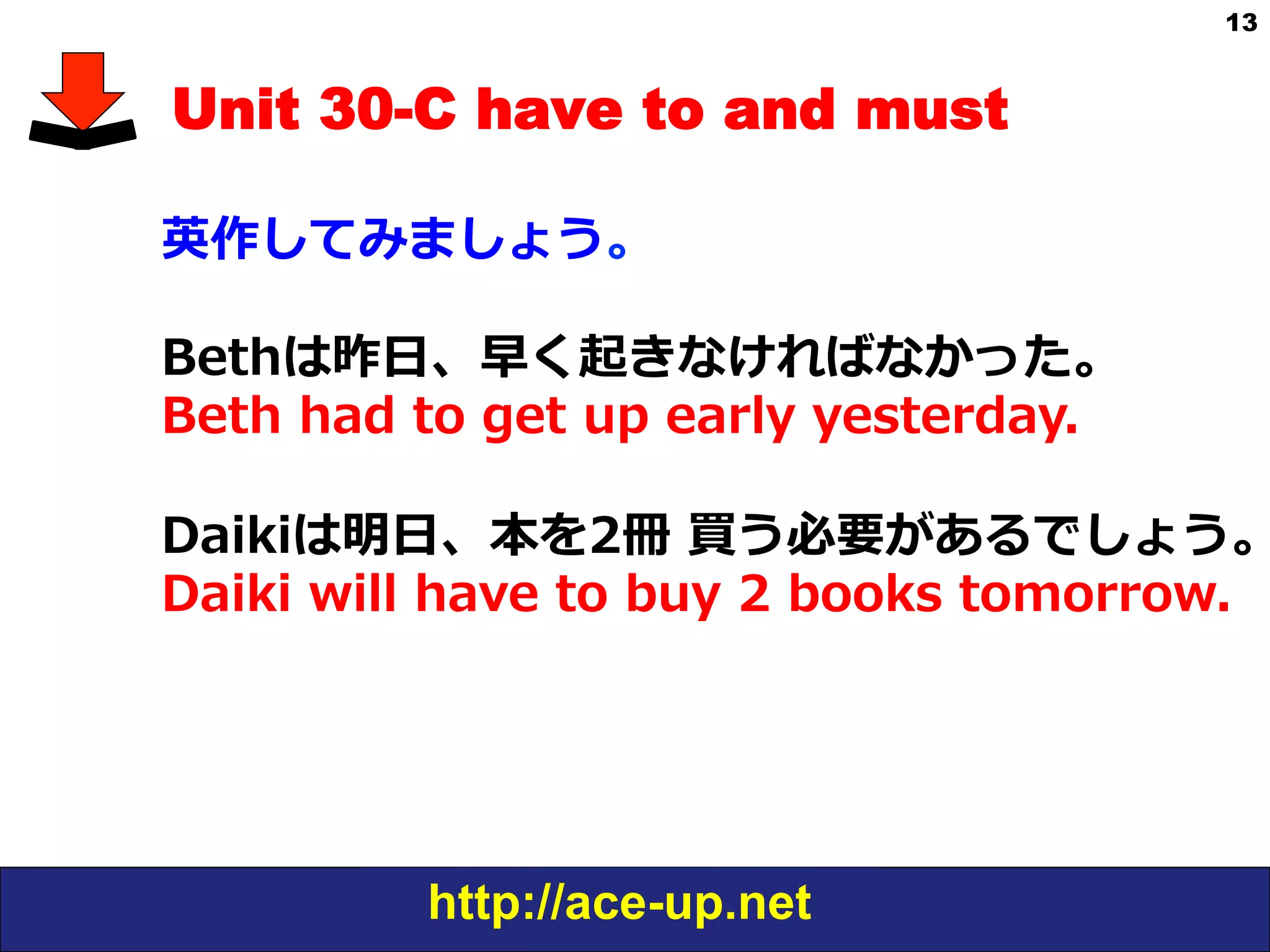 http://ace-up.net
13
Unit 30-C have to and must
英作してみましょう。
Bethは昨⽇日、早く起きなければなかった。
Beth  had  to  get  up  early  yesterday.
Daikiは明⽇日、本を2冊  買う必要があるでしょう。
Daiki  will  have  to  buy  2  books  tomorrow.
 