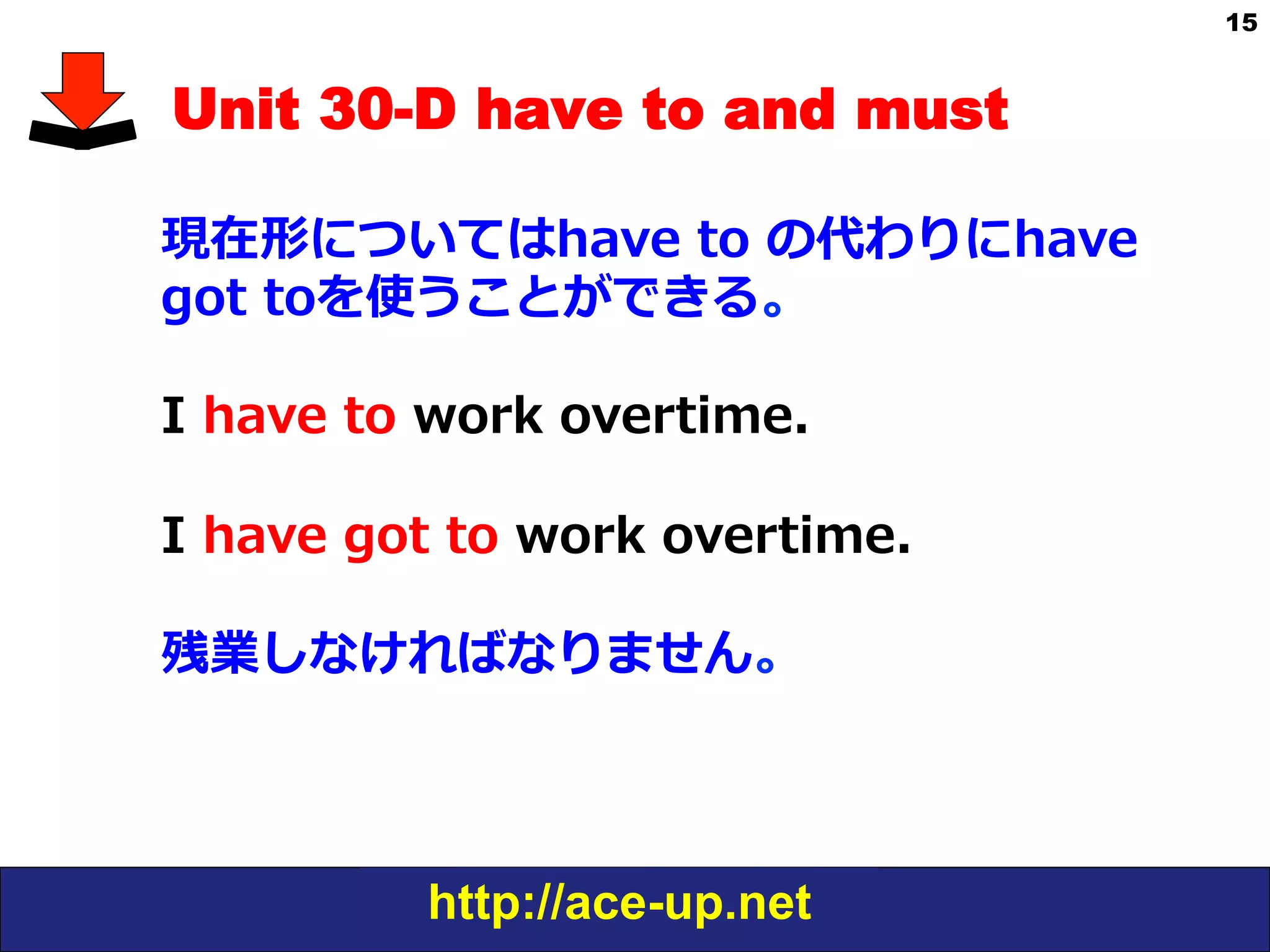http://ace-up.net
15
Unit 30-D have to and must
現在形についてはhave  to  の代わりにhave  
got  toを使うことができる。
I  have  to  work  overtime.
I  have  got  to  work  overtime.
残業しなければなりません。
 