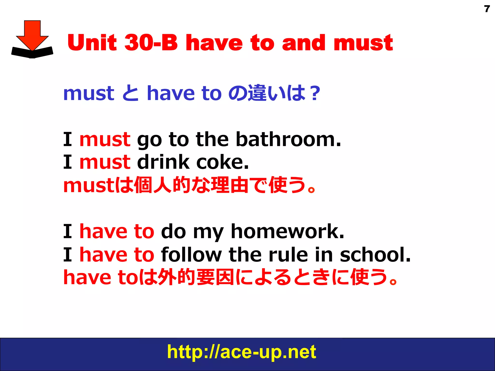 http://ace-up.net
7
Unit 30-B have to and must
must  と  have  to  の違いは？
I  must  go  to  the  bathroom.
I  must  drink  coke.
mustは個⼈人的な理理由で使う。
I  have  to  do  my  homework.  
I  have  to  follow  the  rule  in  school.
have  toは外的要因によるときに使う。
 