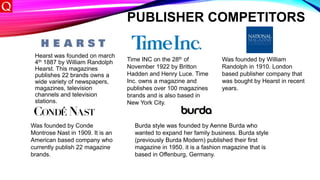PUBLISHER COMPETITORS
Hearst was founded on march
4th 1887 by William Randolph
Hearst. This magazines
publishes 22 brands owns a
wide variety of newspapers,
magazines, television
channels and television
stations.
Time INC on the 28th of
November 1922 by Britton
Hadden and Henry Luce. Time
Inc. owns a magazine and
publishes over 100 magazines
brands and is also based in
New York City.
Was founded by Conde
Montrose Nast in 1909. It is an
American based company who
currently publish 22 magazine
brands.
Burda style was founded by Aenne Burda who
wanted to expand her family business. Burda style
(previously Burda Modern) published their first
magazine in 1950. it is a fashion magazine that is
based in Offenburg, Germany.
Was founded by William
Randolph in 1910. London
based publisher company that
was bought by Hearst in recent
years.
 