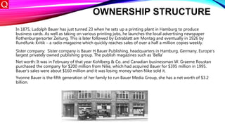 OWNERSHIP STRUCTURE
In 1875, Ludolph Bauer has just turned 23 when he sets up a printing plant in Hamburg to produce
business cards. As well as taking on various printing jobs, he launches the local advertising newspaper
Rothenburgersorter Zeitung. This is later followed by Extrablatt am Montag and eventually in 1926 by
Rundfunk-Kritik – a radio magazine which quickly reaches sales of over a half a million copies weekly.
Sister company: Sister company is Bauer H Bauer Publishing, headquarters in Hamburg, Germany, Europe's
largest privately owned publishing group. The publish magazines such as ‘Bella’
Net worth: It was in February of that year Kohlberg & Co. and Canadian businessman W. Graeme Roustan
purchased the company for $200 million from Nike, which had acquired Bauer for $395 million in 1995.
Bauer's sales were about $160 million and it was losing money when Nike sold it.
Yvonne Bauer is the fifth generation of her family to run Bauer Media Group, she has a net worth of $3.2
billion.
 