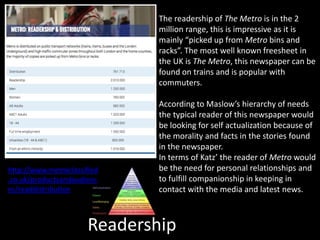 Readership
http://www.metroclassified
.co.uk/productsandaudienc
es/readdistribution
The readership of The Metro is in the 2
million range, this is impressive as it is
mainly “picked up from Metro bins and
racks”. The most well known freesheet in
the UK is The Metro, this newspaper can be
found on trains and is popular with
commuters.
According to Maslow’s hierarchy of needs
the typical reader of this newspaper would
be looking for self actualization because of
the morality and facts in the stories found
in the newspaper.
In terms of Katz’ the reader of Metro would
be the need for personal relationships and
to fulfill companionship in keeping in
contact with the media and latest news.
 